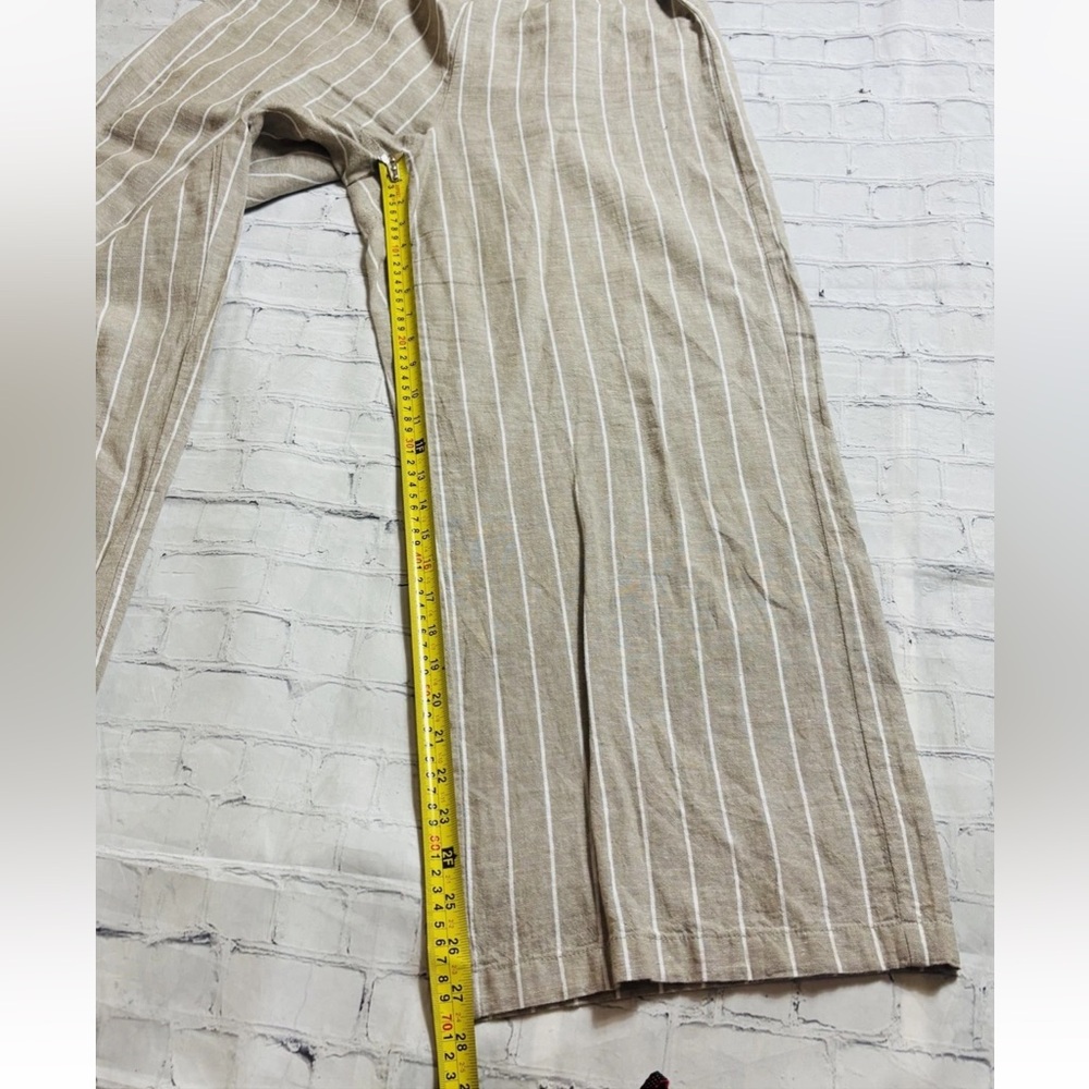 Beach Lunch Lounge Linen Blend Tan Striped Crop Pants Women's M Margot Wide Leg - Picture 7 of 10